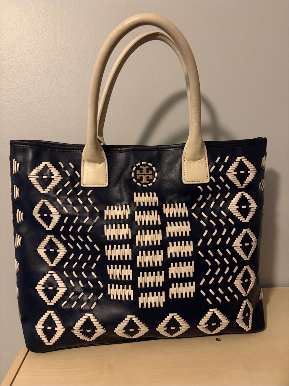 Tory Burch Navy Tote with Cream Woven Geometric Stitching